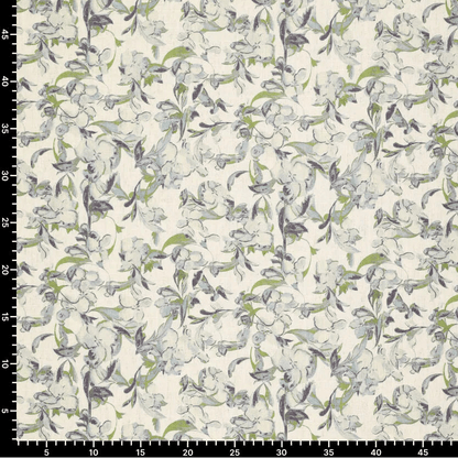 Image de tissu en lin et viscose, motif feuilles bleu-vert 120 g/m² – disponible chez Šarlotes audumi