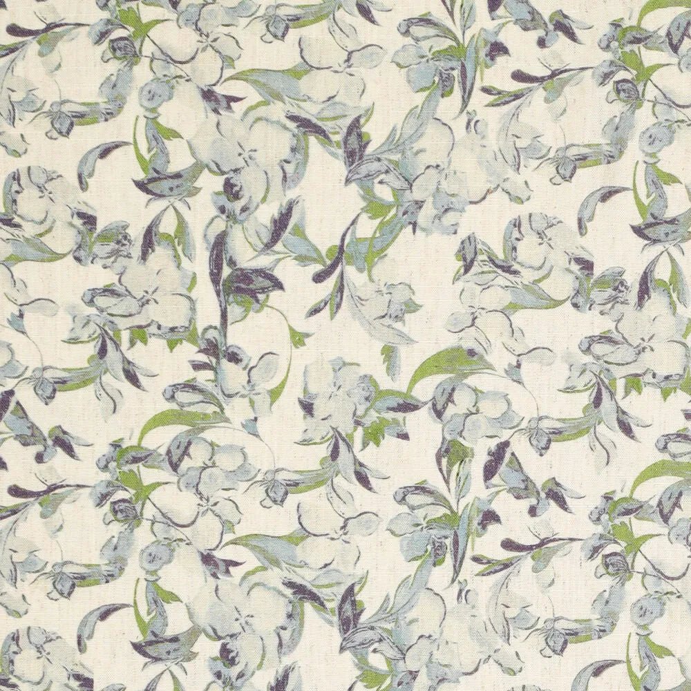 Image de lin avec viscose - motif de feuilles bleu-vert 120 g/m² – disponible chez Šarlotes audumi