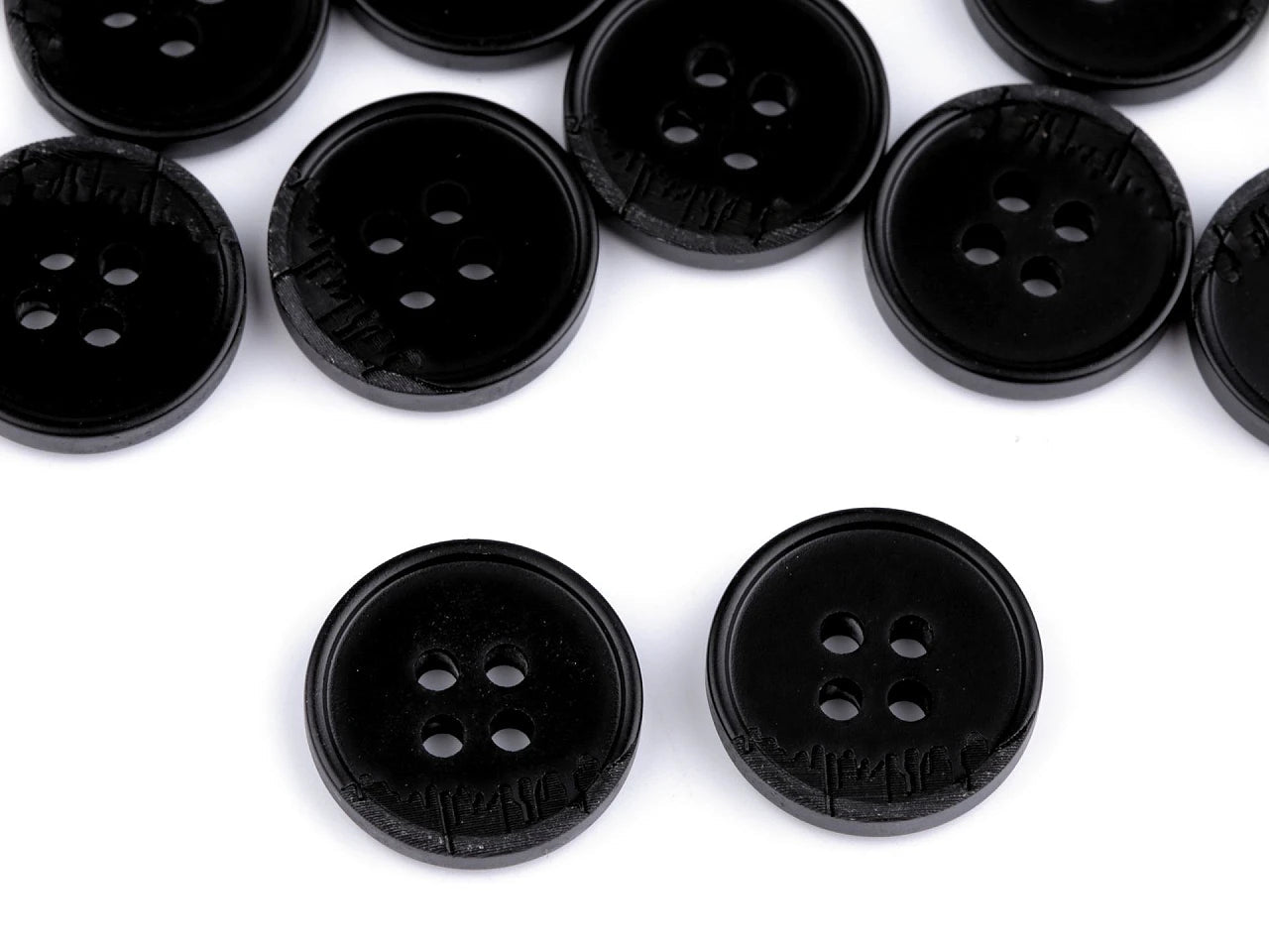 Image of black and gray suit buttons, 4 holes – 15 mm-25 mm – available online at Šarlotes audumi