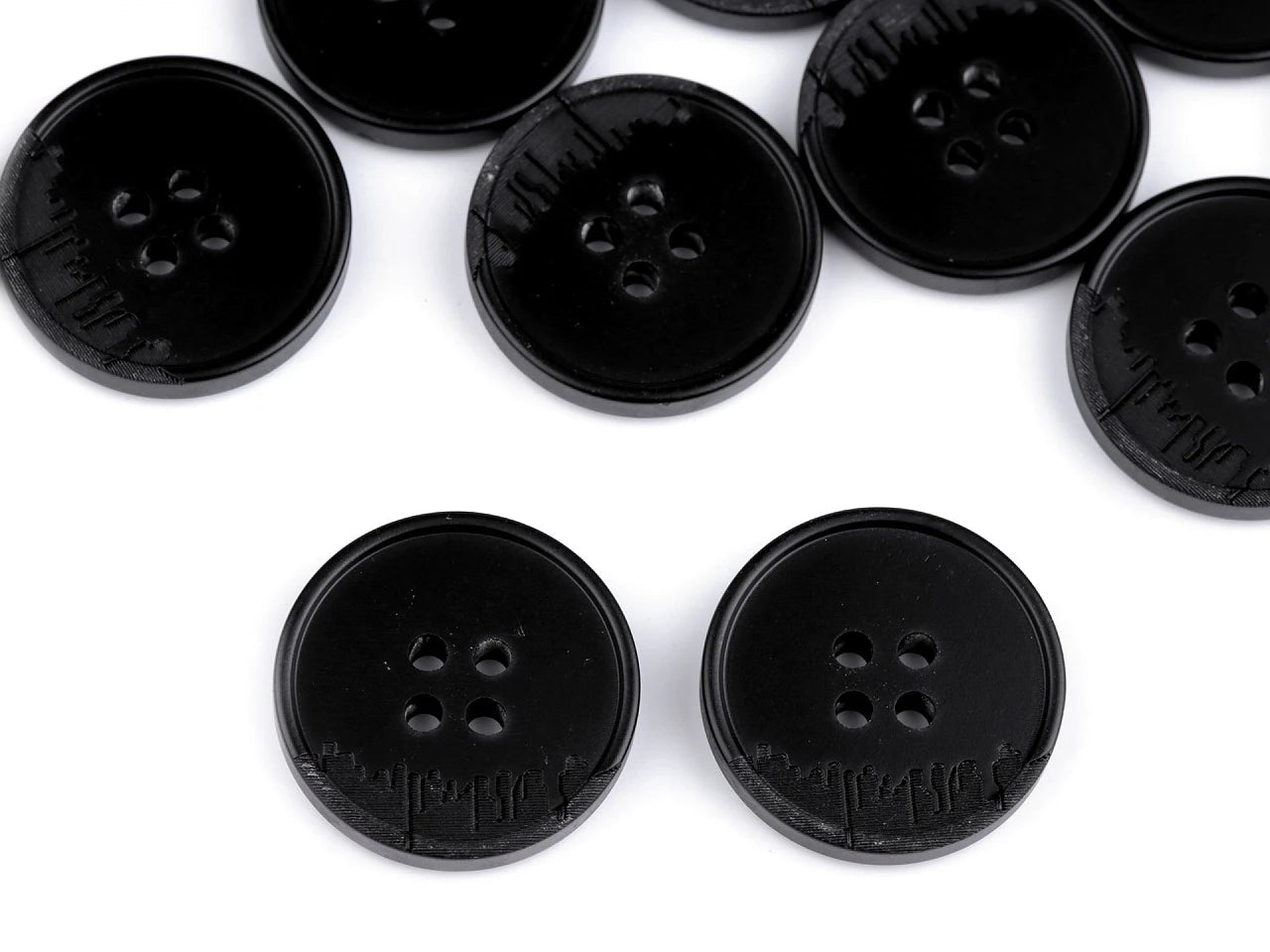 Image of black-gray suit buttons with 4 holes – 15 mm-25 mm – available online at Šarlotes audumi