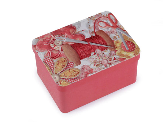 Metal box with lid for storing hardware, buttons, and beads