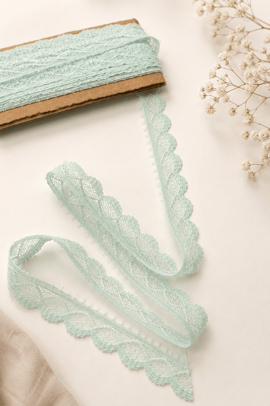 Image with lace, 1.4 cm, light mint – available online at Šarlotes audumi