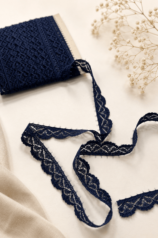 Image of 1.4 cm lace, dark blue – available online at Šarlotes audumi