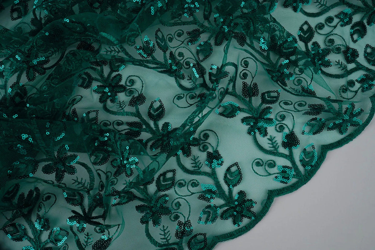 Image of lace fabric | Embroidered tulle with sequins 160 g/m² - emerald – available at Šarlotes audumi