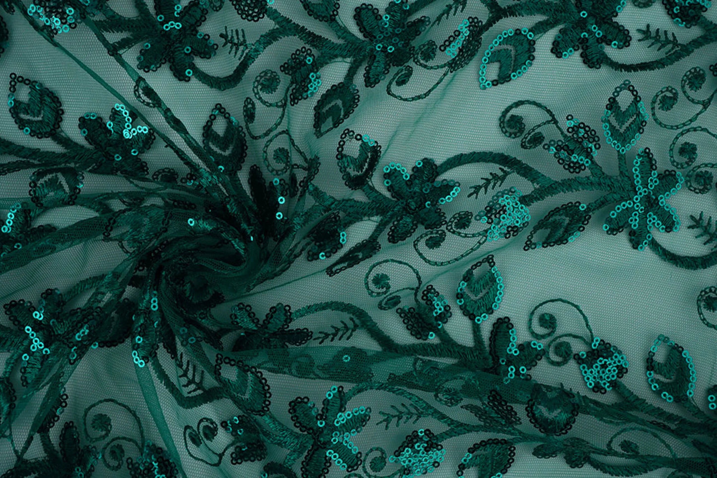 Image of lace fabric | Embroidered tulle with sequins 160 g/m² - emerald – available at Charlote's Fabrics
