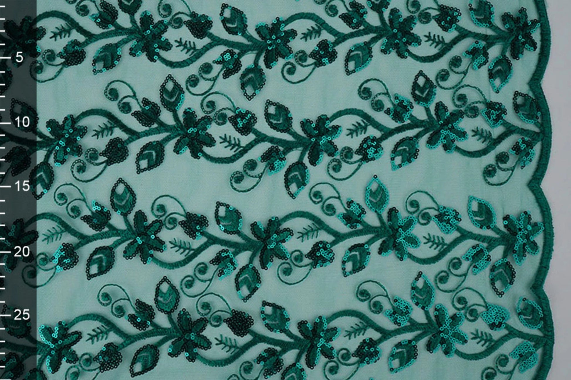 Image of lace fabric | Embroidered tulle with sequins 160 g/m² - emerald – available at Šarlotes audumi