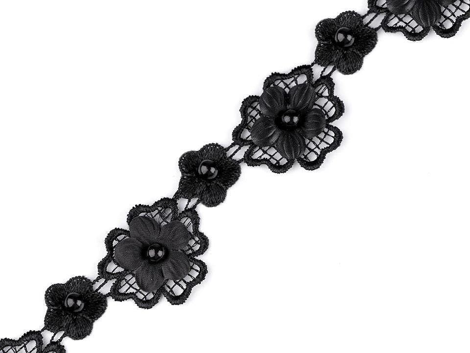 Image de ruban en dentelle avec fleurs 3D et perle 30 mm - noir – disponible chez Šarlotes audumi