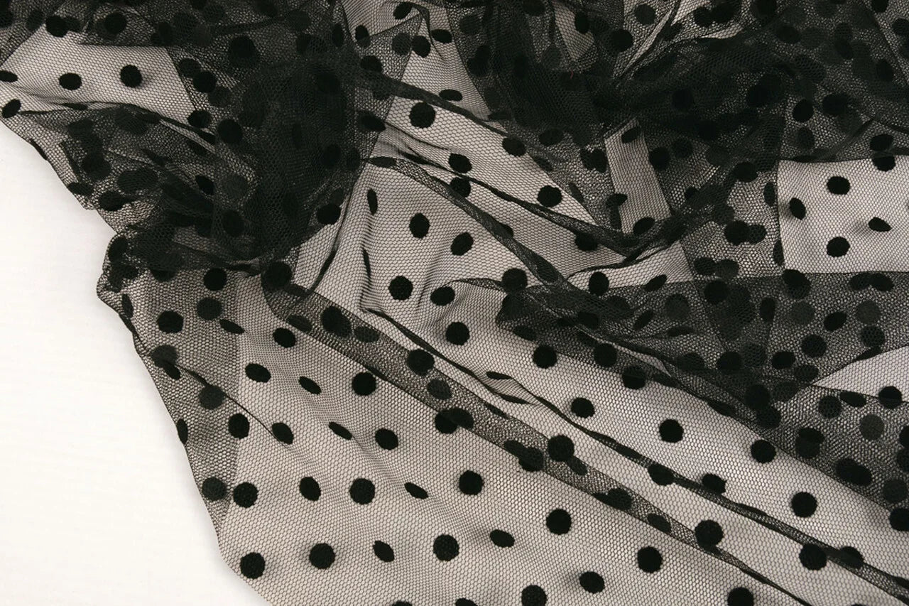 Image with soft tulle with velvet dots - black, available online at Šarlotes audumi
