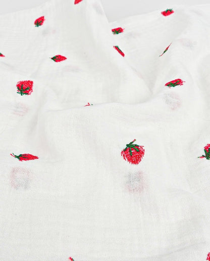 Image with muslin with embroidery - strawberries 130 g/m² – available at Charlotte fabrics