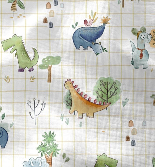 Image of Muslin - checkered dinosaurs 120 g/m² – available at Šarlotes audumi