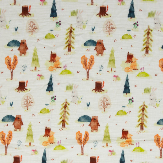 mousseline - ours avec renard dans la forêt 130 g/m²