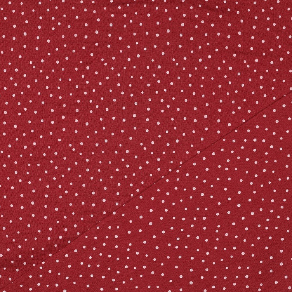 Image de mousseline à pois sur fond rouge foncé, 125 g/m² – disponible chez Šarlotes audumi