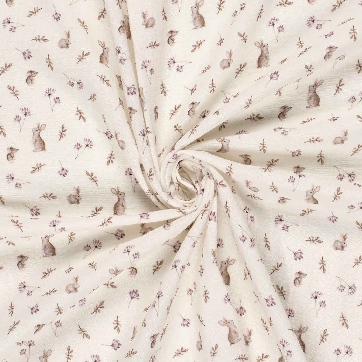 Image of muslin - bunnies and flowers on milky white 130 g/m² – available at Šarlotes audumi