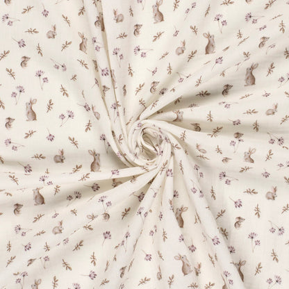 Image of muslin - bunnies and flowers on milky white 130 g/m² – available at Šarlotes audumi