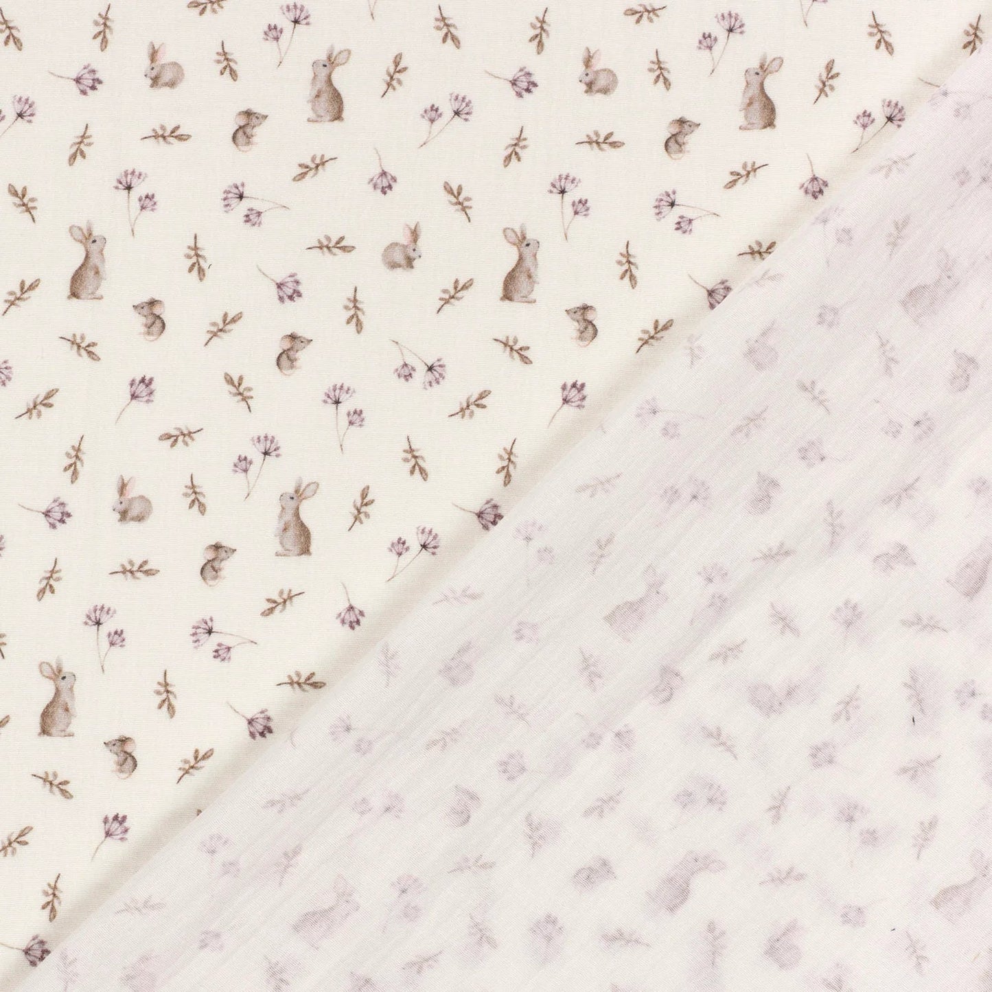 Image with muslin – bunnies and flowers on milky white 130 g/m² – available at Šarlotes audumi