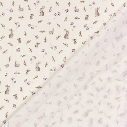 Image with muslin – bunnies and flowers on milky white 130 g/m² – available at Šarlotes audumi