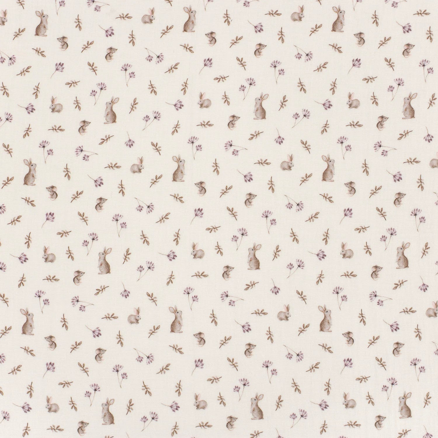 Muslin with rabbits and flowers on milky white 130 g/m² – available at Charlotte Fabrics