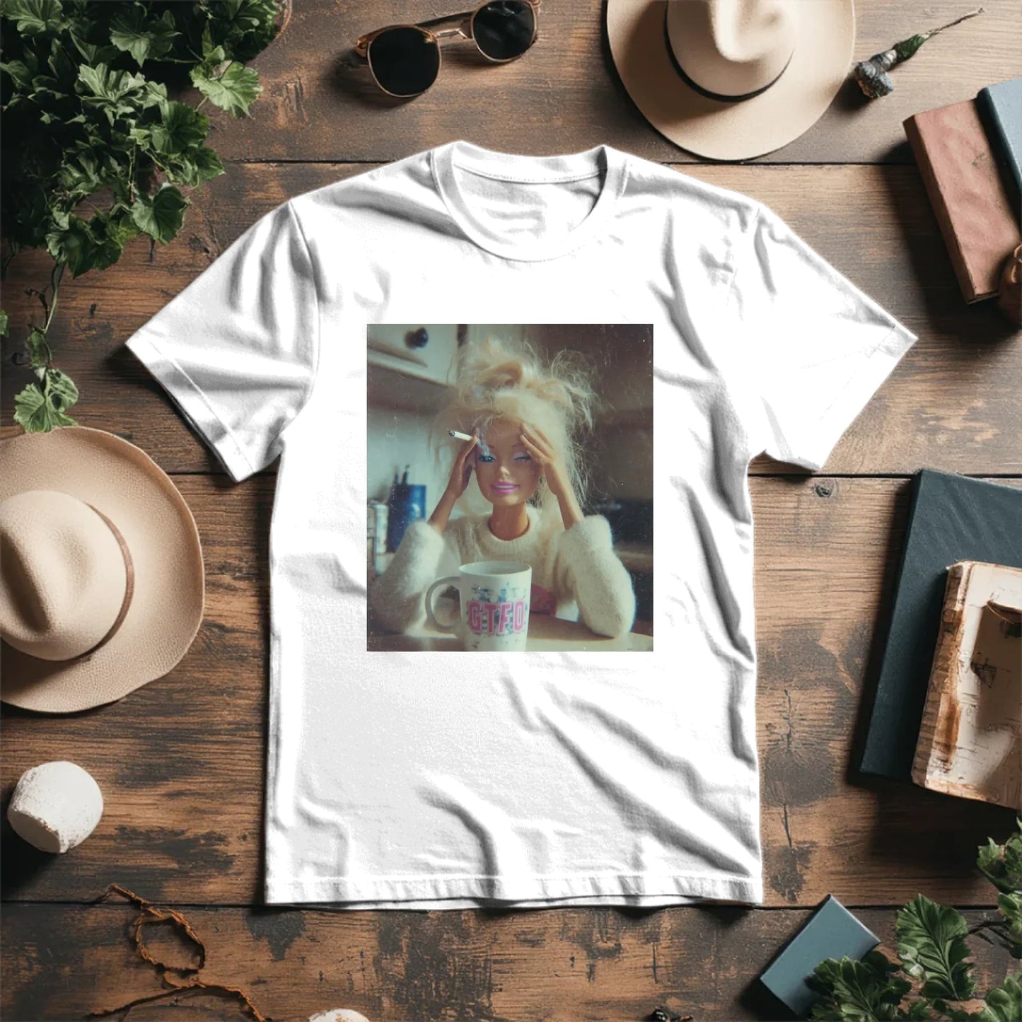 Image of an organic cotton T-shirt with an ironic mood design – available at Charlotte’s Fabrics