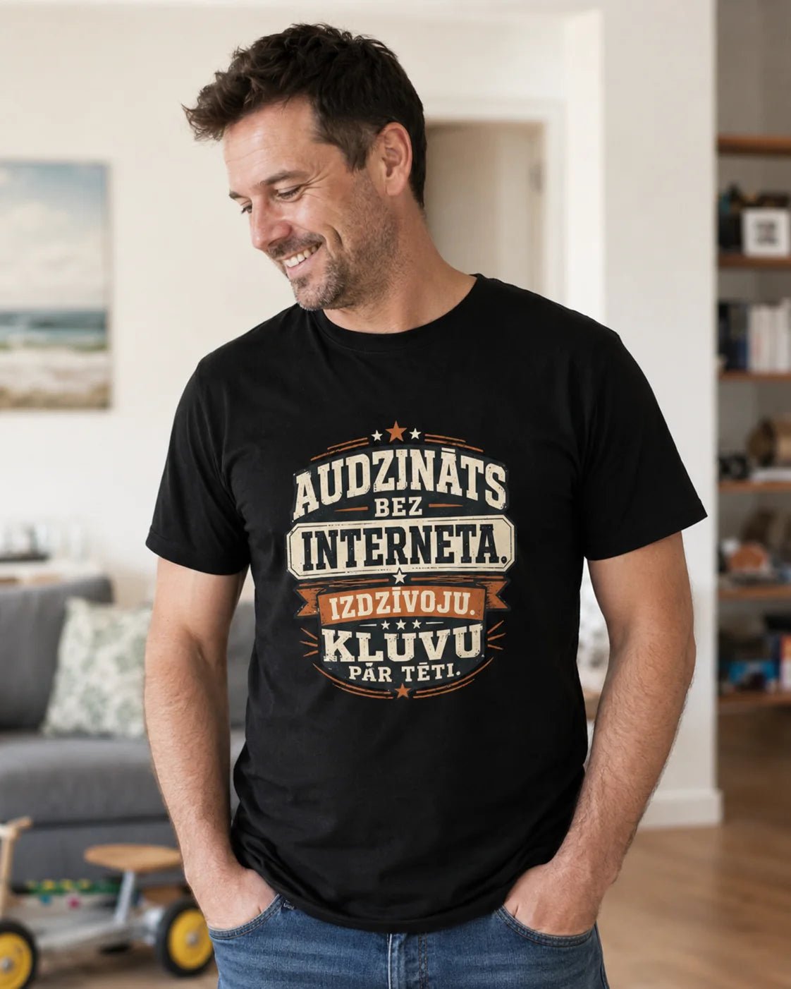 Image of an organic cotton T-shirt, "Raised without the internet. I survived. Became a dad." — available online at Šarlotes audumi