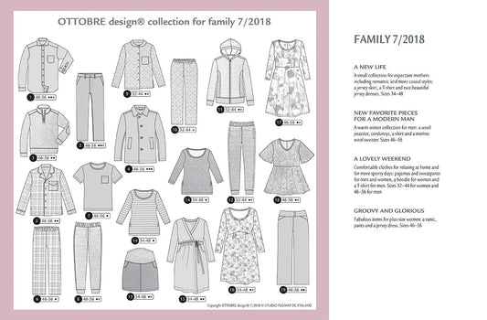 Kuva OTTOBRE Design Family -ompelulehdestä, jossa on kaavat englanniksi – saatavilla verkossa Šarlotes audumi -kaupasta