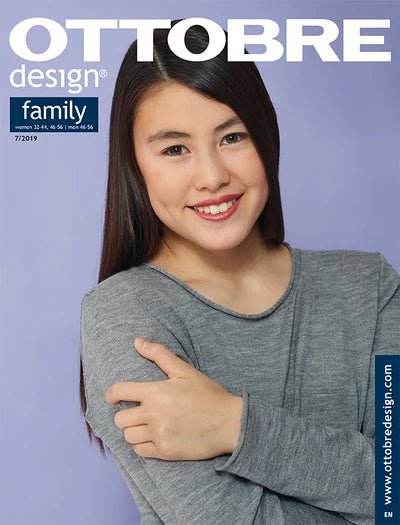 Kuva OTTOBRE Design Family -ompelulehdestä, jossa on kaavat englanniksi – saatavilla verkossa Šarlotes audumi -kaupasta