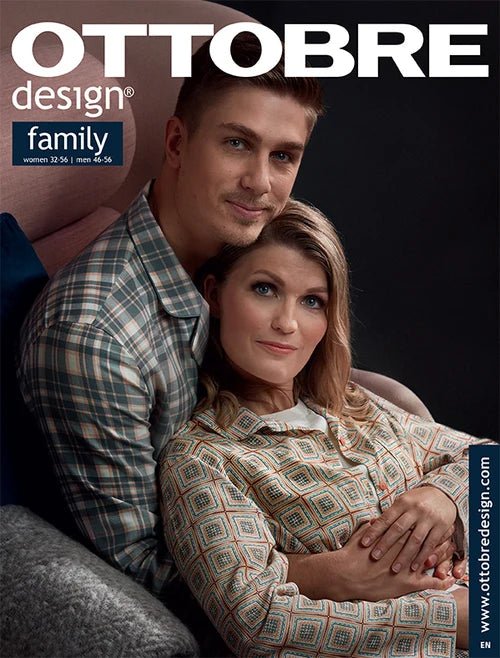 Kuva OTTOBRE Design Family -ompelulehdestä, jossa on kaavat englanniksi – saatavilla verkossa Šarlotes audumi -kaupasta