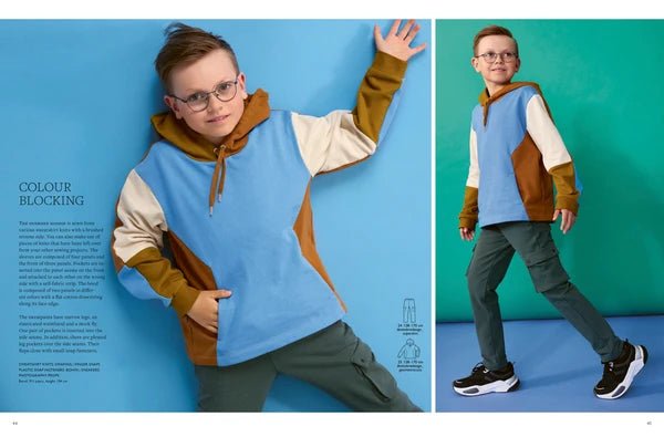 Attēls ar OTTOBRE design Kids 4/2023 – bērnu apģērbu piegrieztņu žurnāls angļu valodā – pieejams internetā Šarlotes audumi