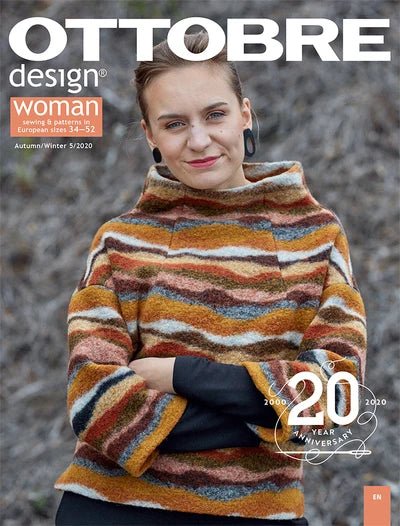 Attēls ar OTTOBRE design Woman 5/2020 – sieviešu apģērbu piegrieztņu žurnāls angļu valodā – pieejams internetā Šarlotes audumi