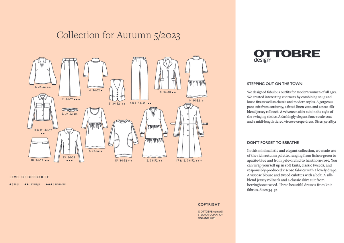 Kuva tuotteesta OTTOBRE design Woman 5/2023 – englanninkielinen naisten vaatteiden kaavalehti – saatavilla verkossa Šarlotes audumi