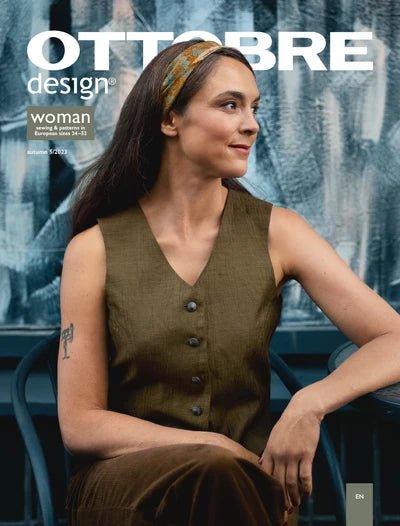 Kuva tuotteesta OTTOBRE design Woman 5/2023 – englanninkielinen naisten vaatteiden kaavalehti – saatavilla verkossa Šarlotes audumi