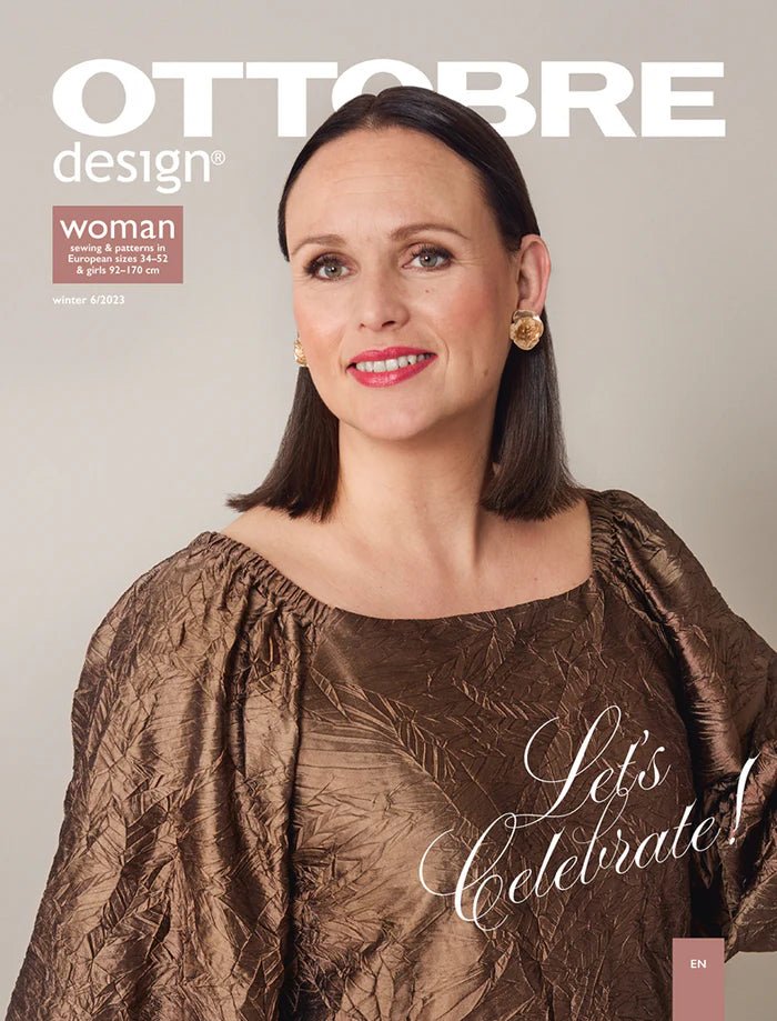 Kuva OTTOBRE design Woman 6/2023 - englanninkielisestä naisten vaatekaavojen lehdestä – saatavilla verkossa Šarlotes audumi -kaupassa