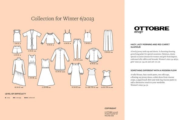 Kuva OTTOBRE design Woman 6/2023 - englanninkielisestä naisten vaatekaavojen lehdestä – saatavilla verkossa Šarlotes audumi -kaupassa
