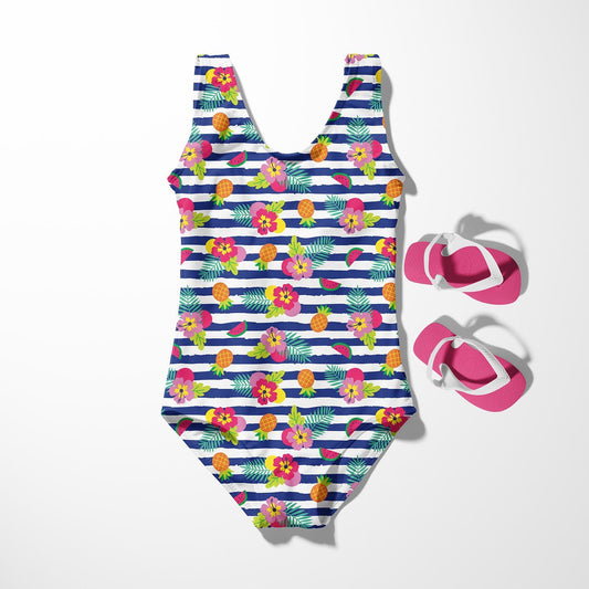 Image of swimsuit fabric with UPF50 protection – tropical striped motif 200 g/m² – available at Charlote's Fabrics