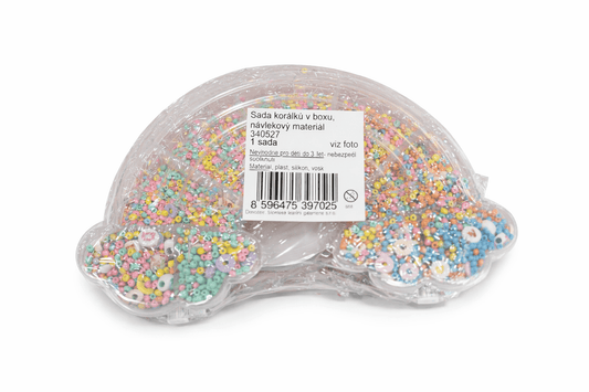 Image of a bead set in a box – colorful decorative and cord (0.8 mm) – available at Šarlotes audumi