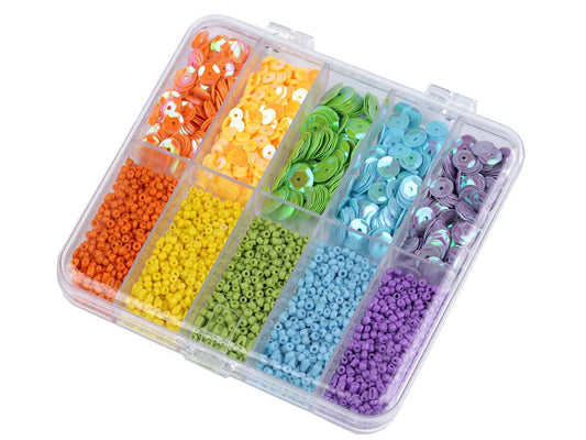 Beads and sequins set in a plastic box (12.3 × 6.3 × 1.3 cm)
