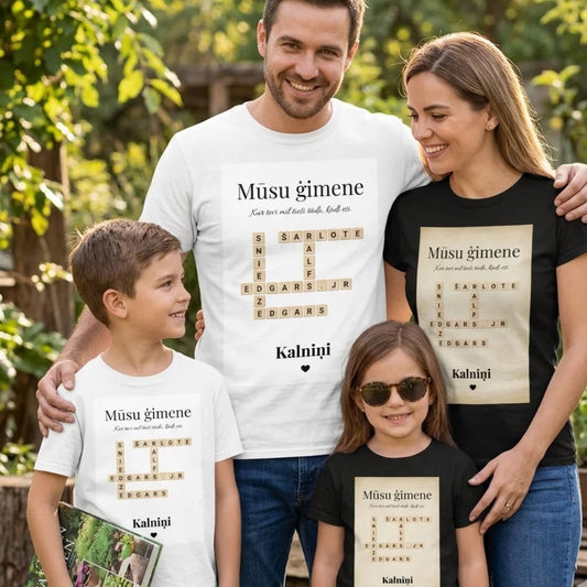 Image of Personalized family T-shirt in “Scrabble” style – available from Šarlotes audumi