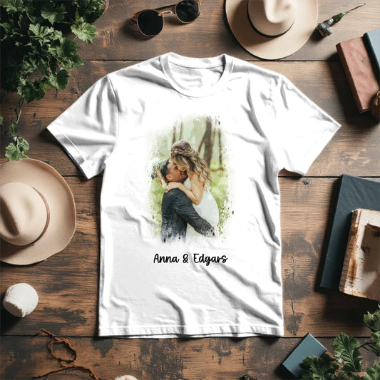 Image of Personalized T-shirt with your couple photo – in Watercolor Vintage style – available at Šarlotes audumi