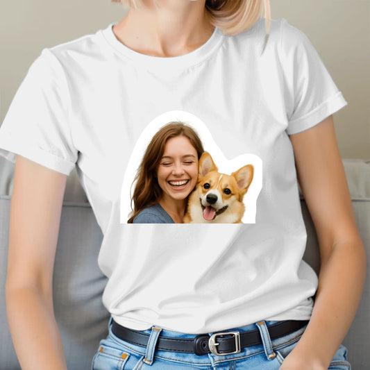 Image of a personalized T-shirt with your and your pet’s photo – available at Šarlotes audumi