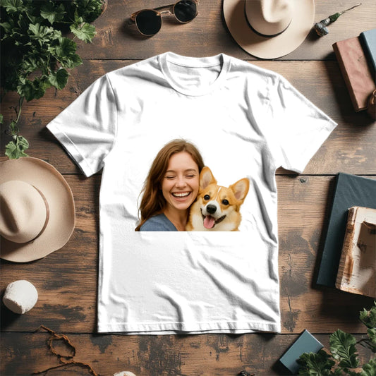 Image of a personalized T-shirt with your and your pet’s photo – available at Šarlotes audumi