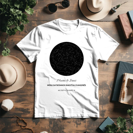 Image of a personalized T-shirt "Our meeting was written in the stars" – available at Charlotte's Fabrics