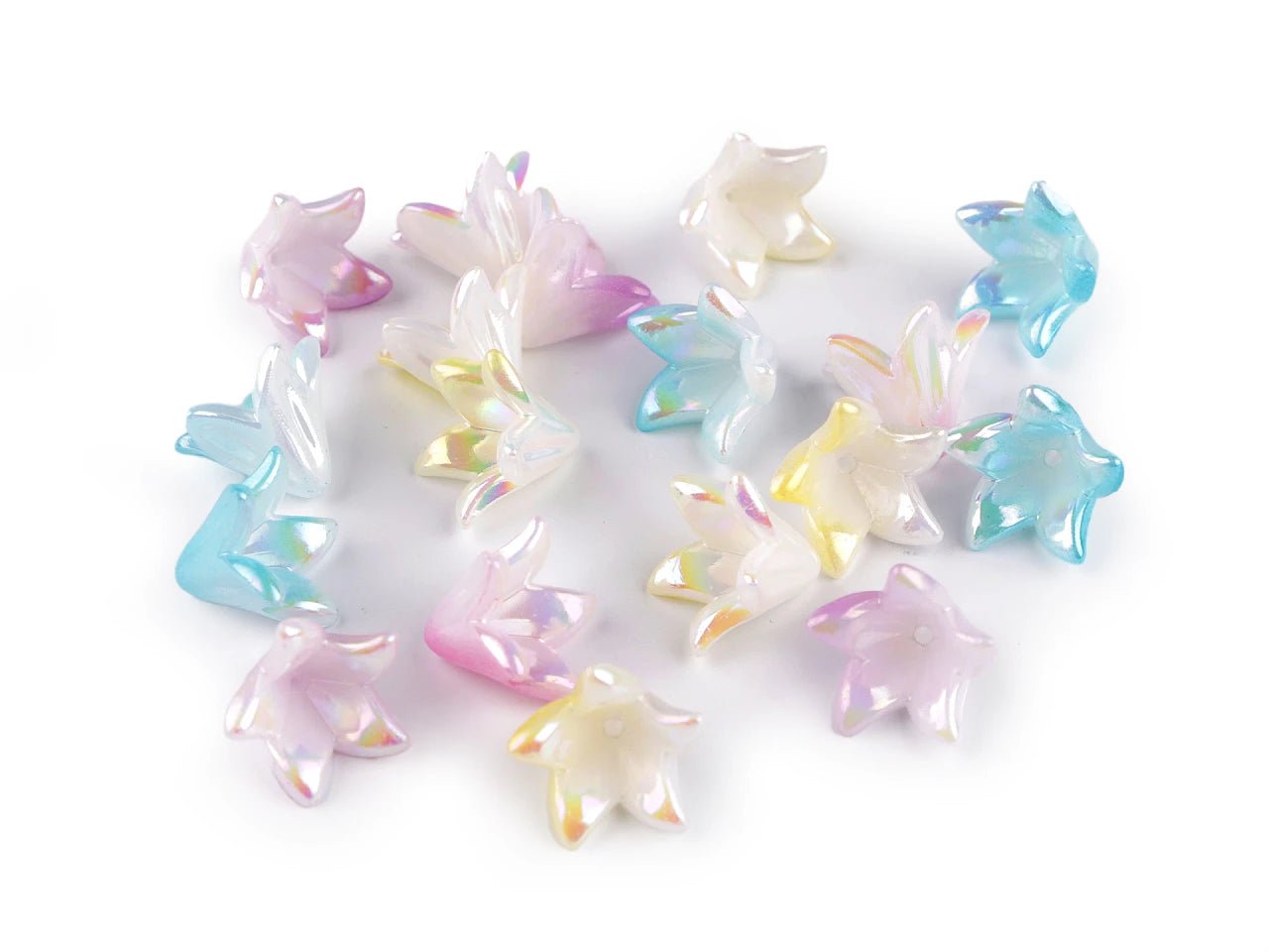 Image of plastic flower-shaped beads with a pearlescent effect 12×16 mm, 20 pcs. – available at Šarlotes audumi