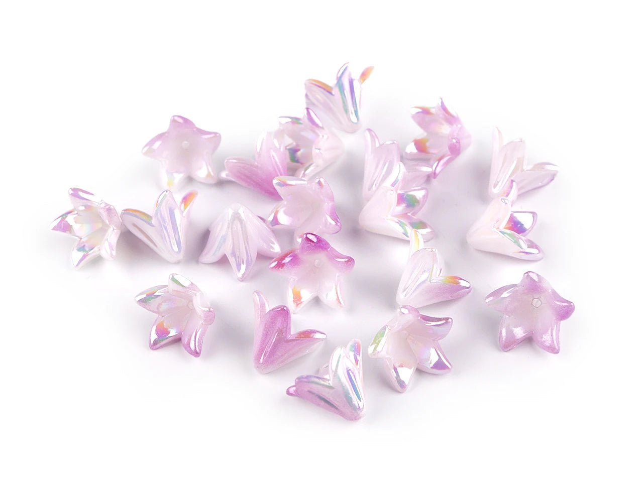 Image of plastic flower-shaped beads with a mother-of-pearl effect, 12×16 mm, 20 pcs. – available at Šarlotes audumi
