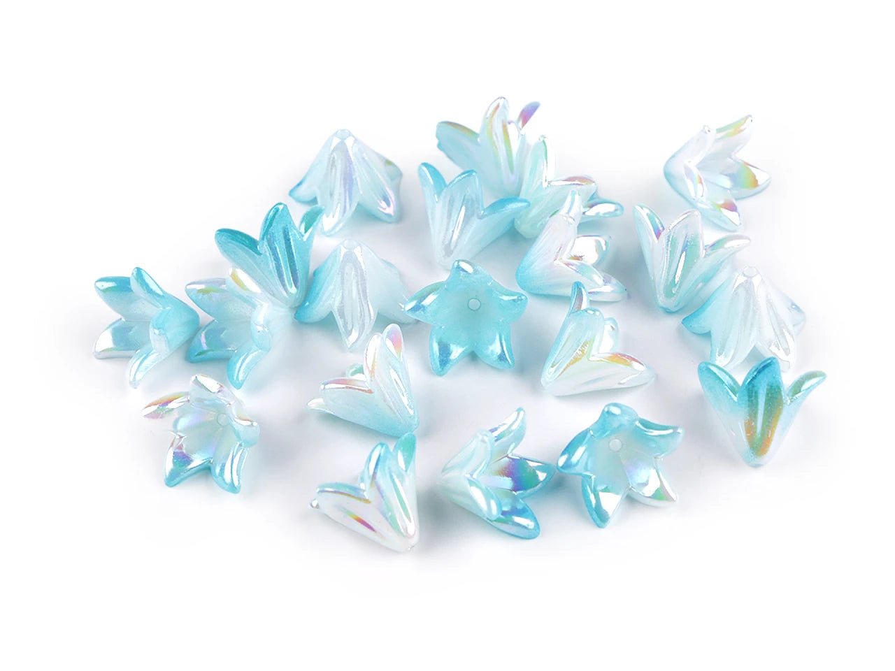 alt
Image of plastic flower-shaped beads with a mother-of-pearl effect, 12×16 mm, 20 pcs. – available at Šarlotes Audumi