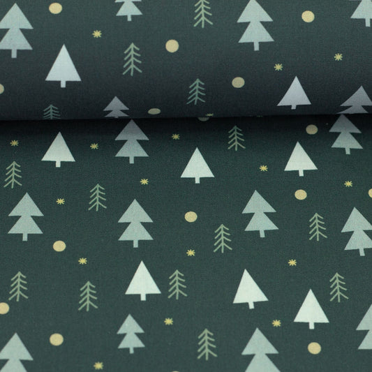 Premium 100% cotton fabric with fir trees on a pine green background 130 g/m² – available at Šarlotes audumi