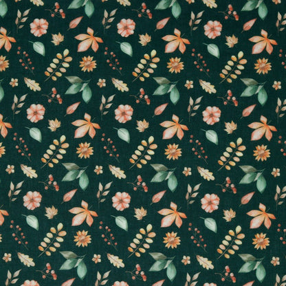 Premium-100% Baumwollstoff mit Blättern und Blumen auf dunkelgrünem Hintergrund 105 g/m²