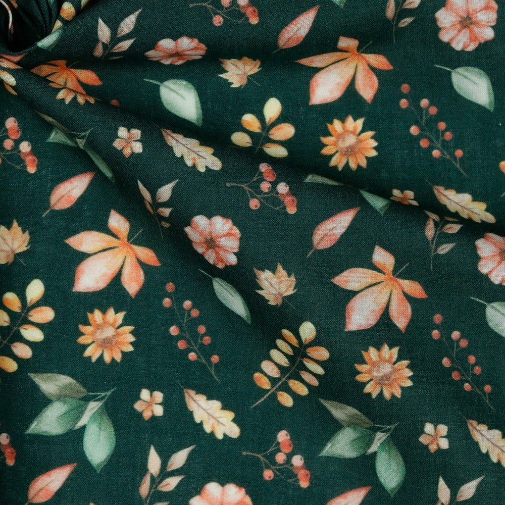 Premium-100% Baumwollstoff mit Blättern und Blumen auf dunkelgrünem Hintergrund 105 g/m²
