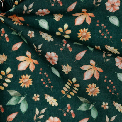 Premium-100% Baumwollstoff mit Blättern und Blumen auf dunkelgrünem Hintergrund 105 g/m²