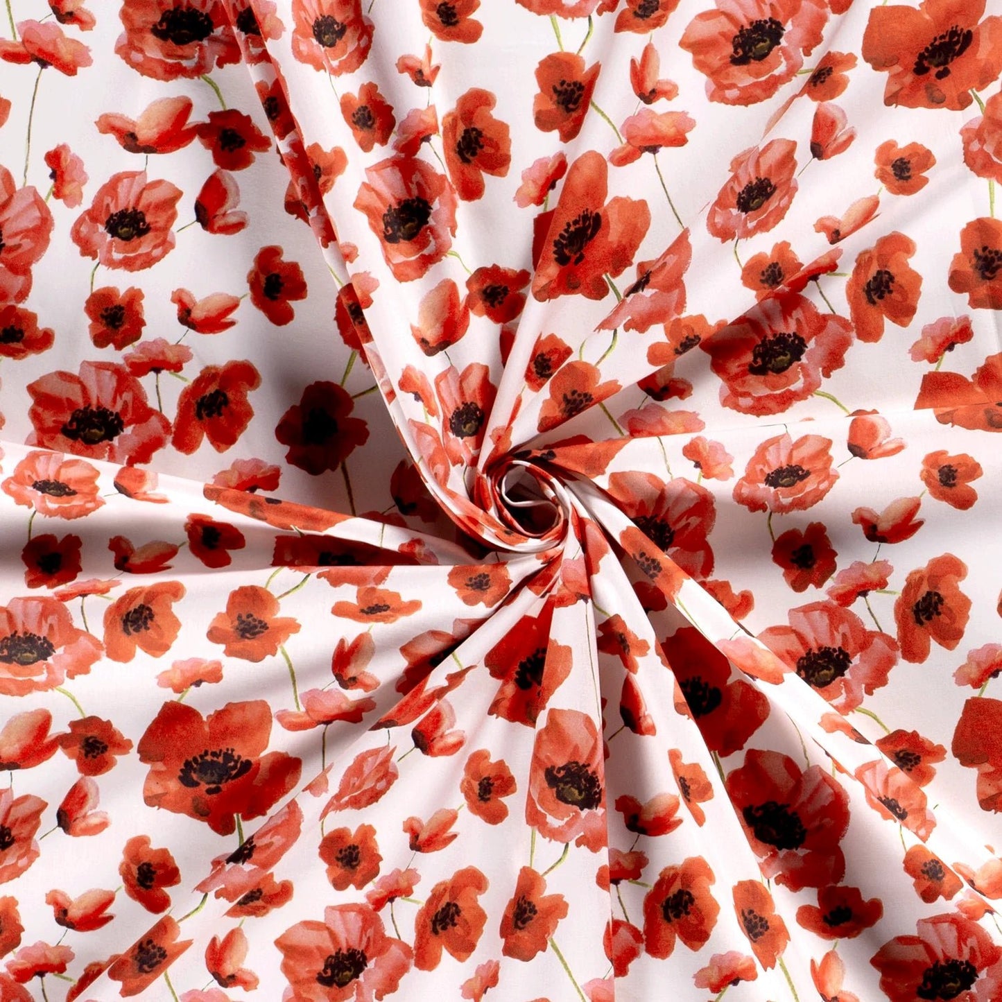 Premium-100% Baumwollstoff mit Mohnblumen auf weißem Hintergrund 110 g/m²