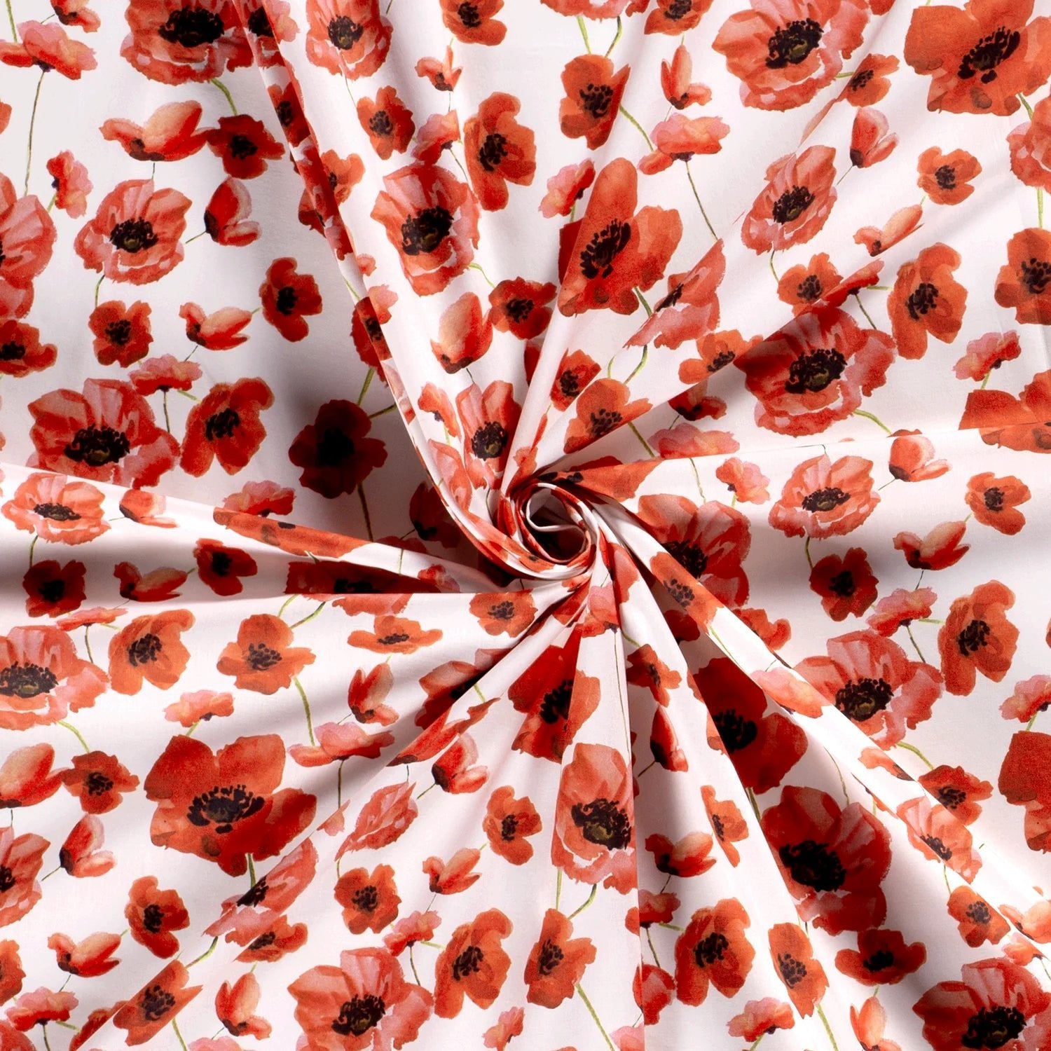 Premium-100% Baumwollstoff mit Mohnblumen auf weißem Hintergrund 110 g/m²