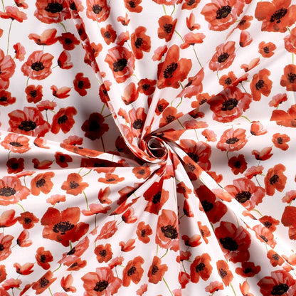 Premium-100% Baumwollstoff mit Mohnblumen auf weißem Hintergrund 110 g/m²